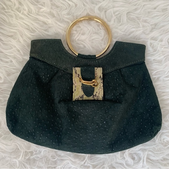 Vegan leather purse dark green w/goldtone “bracelet” ring handle; ostrich, snake - Picture 1 of 14